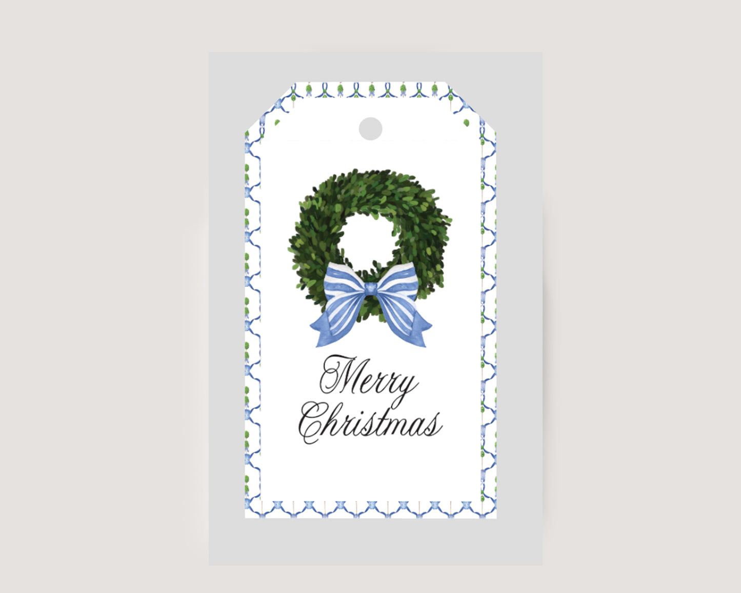 Blue Ribbon Wreath with Chinoiserie Hanging Tag